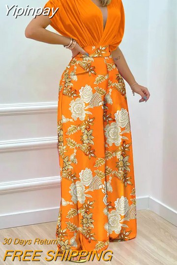 Yipinpay New Woman Summer Batwing Sleeve Wrap Top & Floral Print Wide Leg Pants Set Female & Lady Casual Office Sexy Two Pieces S